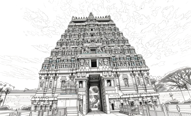 Hand-drawn pencil sketch of the Chidambaram temple gopuram, densely sculpted with carved figures