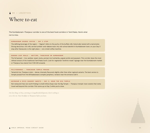 Where to eat page with restaurant and food recommendations along the circuit