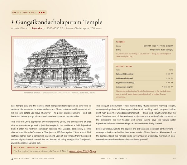 Gangaikondacholapuram page with hand-drawn pencil sketch, timings and puja details